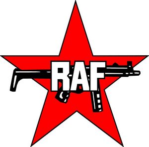 Logo der Terrorgruppe RAF: Ein Maschinengewehr vor einem roten fünfzackigen Stern, darüber der Schriftzug "RAF".